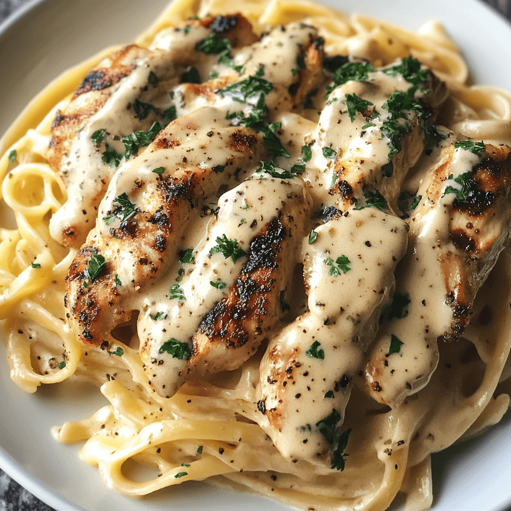 A plate of High Protein Grilled Chicken Alfredo Pasta topped with creamy Alfredo sauce and garnished with fresh parsley