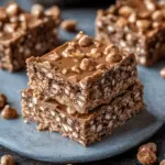 Two stacked chocolate caramel bars with a crunchy pretzel and caramel topping on a gray plate.