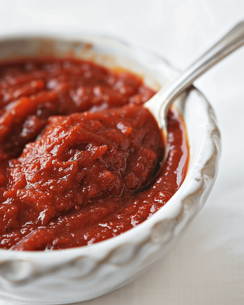 A close-up of homemade spaghetti sauce in a white ceramic bowl with a spoon.