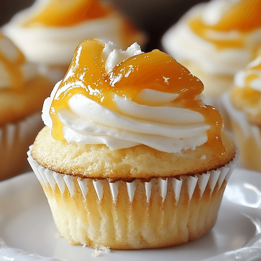 A vanilla cupcake topped with cream cheese frosting, drizzled with golden honey and peach compote, served on a white plate.