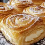 A close-up of golden, flaky King's Hawaiian Cheesecake Danish pastries, swirled to perfection and filled with creamy cheesecake, dusted with powdered sugar.