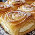 A close-up of golden, flaky King's Hawaiian Cheesecake Danish pastries, swirled to perfection and filled with creamy cheesecake, dusted with powdered sugar.
