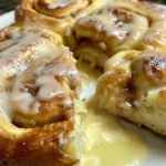Close-up of King’s Hawaiian cream cheese cinnamon rolls topped with rich icing on a white plate.