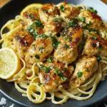 A plate of lemon garlic butter chicken served over creamy Parmesan linguine, garnished with fresh parsley and lemon slices.