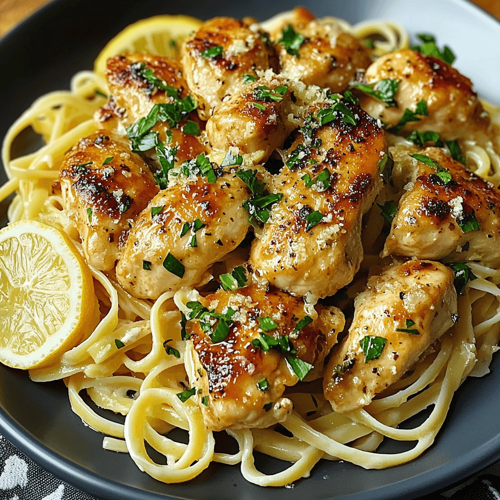 A plate of lemon garlic butter chicken served over creamy Parmesan linguine, garnished with fresh parsley and lemon slices.