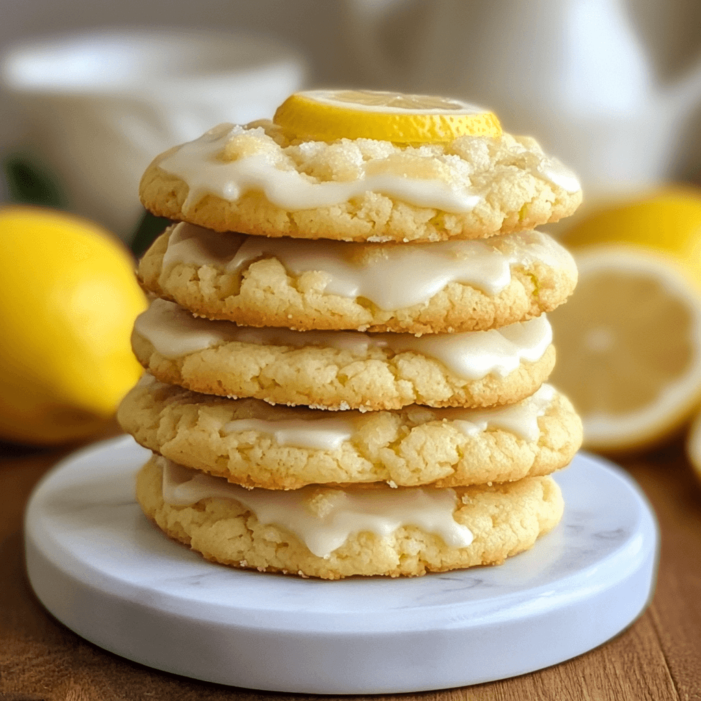 A stack of lemon pound cake cookies topped with a lemon glaze and garnished with a lemon slice, displayed on a marble plate with fresh lemons in the background.