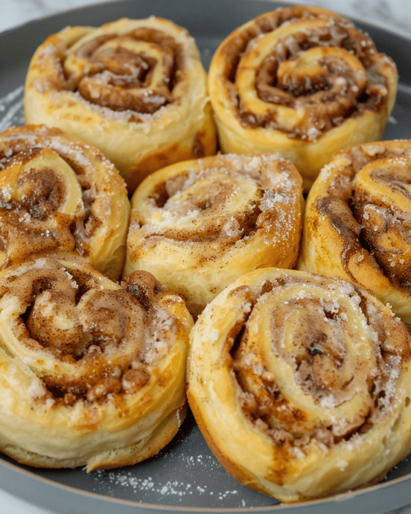Golden brown Pillsbury cinnamon rolls cooked in an air fryer, with layers of cinnamon sugar filling and a light dusting of sugar on top.