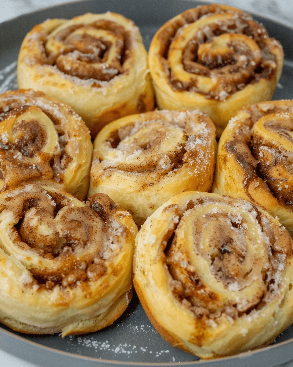 Golden brown Pillsbury cinnamon rolls cooked in an air fryer, with layers of cinnamon sugar filling and a light dusting of sugar on top.