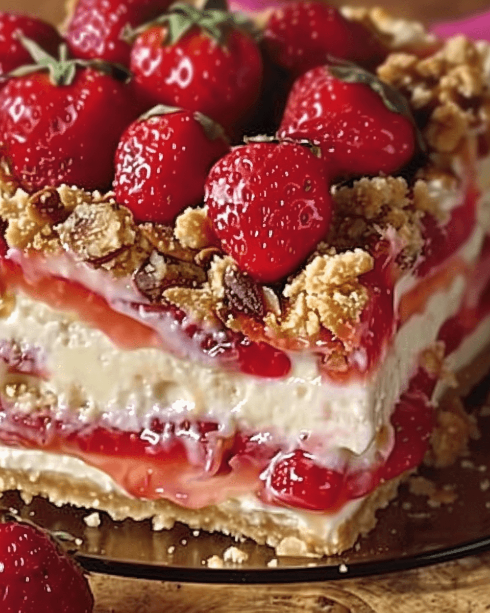 A lovely Berrylicious Strawberry Crunch Cheesecake with layers of creamy cheesecake filling, fresh strawberries, strawberry compote, and a crunchy graham cracker topping.
