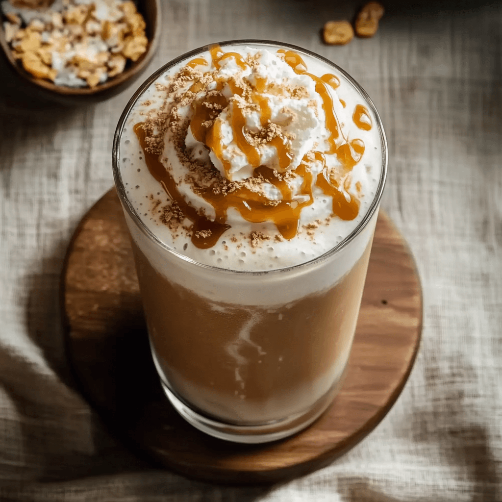 A glass of iced coffee topped with whipped cream, caramel drizzle, and a sprinkle of crushed toppings, placed on a wooden coaster.