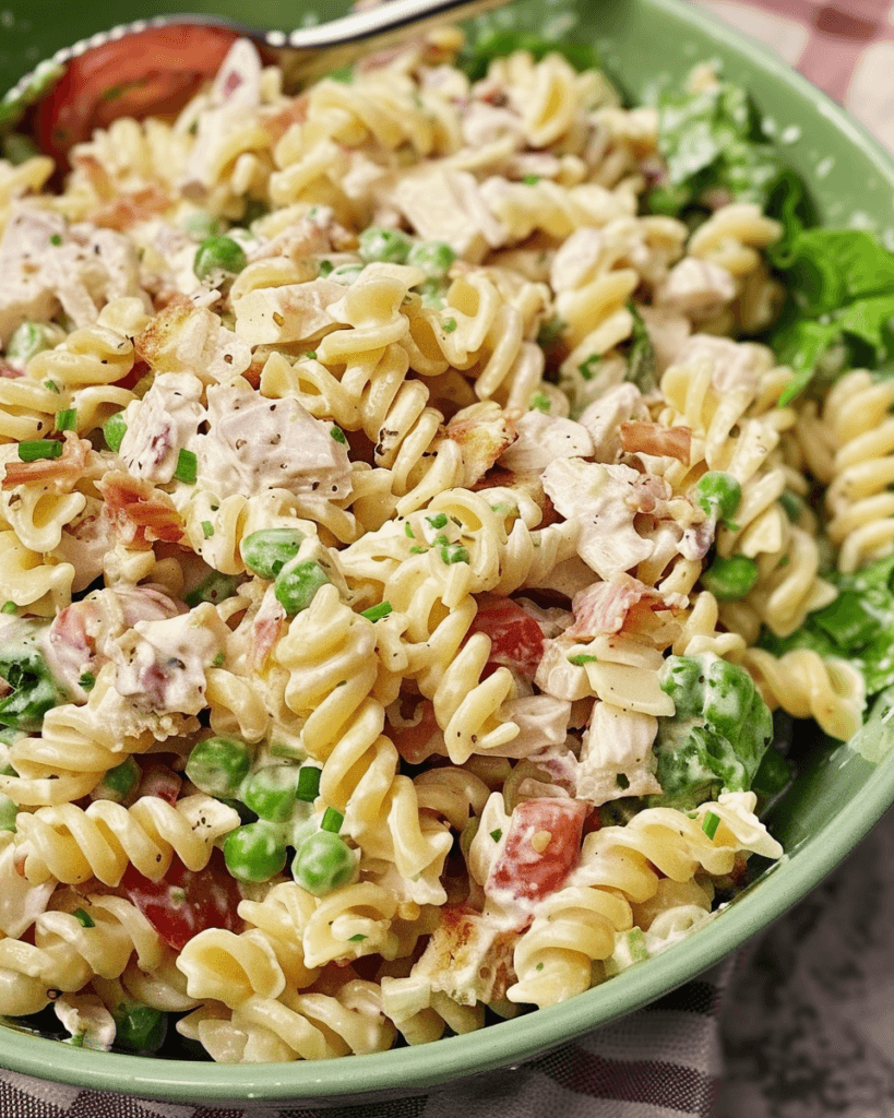 A creamy and flavorful club sandwich pasta salad with rotini pasta, diced chicken, crispy bacon, peas, cherry tomatoes, and fresh herbs in a green bowl.