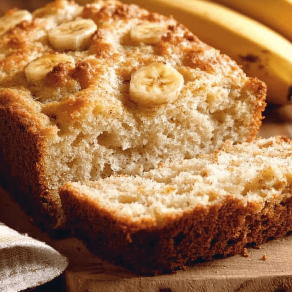 A freshly baked loaf of cottage cheese banana bread with a golden crust, topped with banana slices and infused with cinnamon.