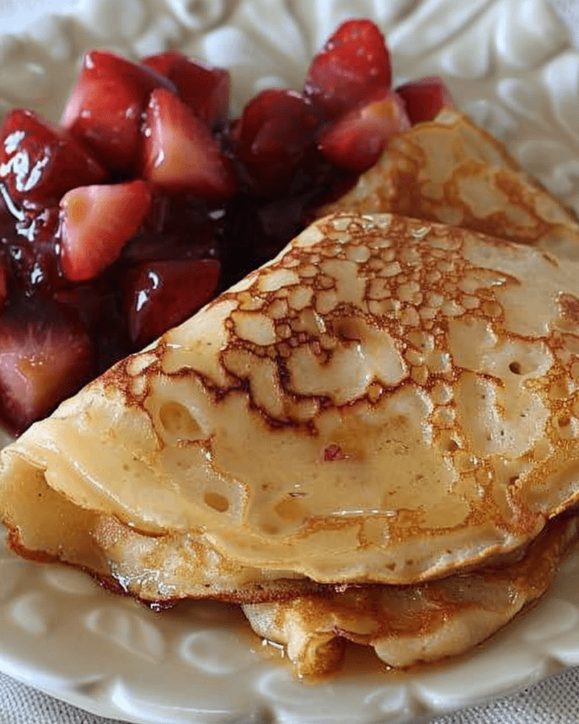 Lovely cottage cheese pancakes with a golden, lacy texture, drizzled with syrup and served with fresh strawberry compote on a white plate.