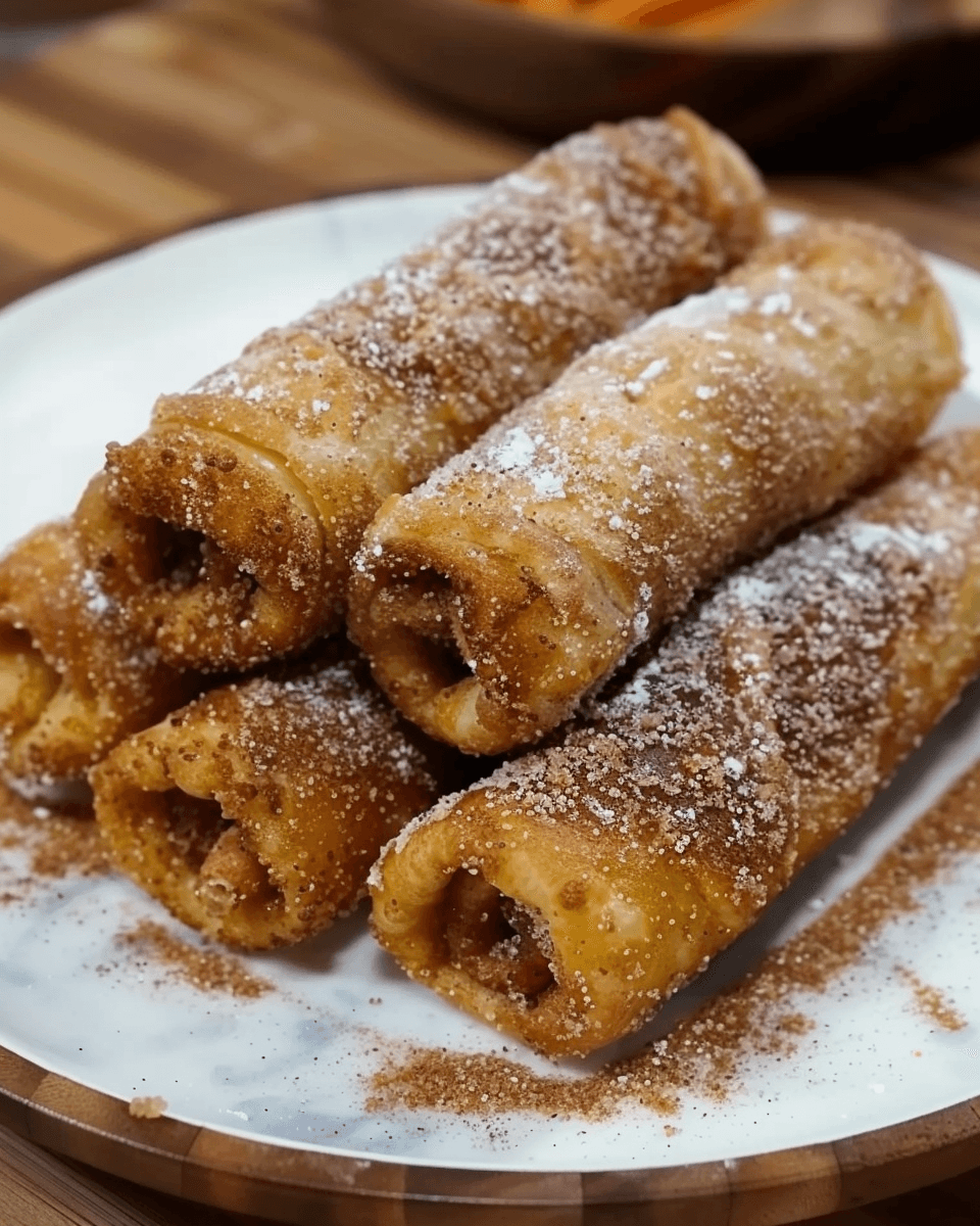 A stack of golden, crispy Cream Cheese Churro Roll-Ups coated in cinnamon sugar, filled with creamy cheesecake, and dusted with powdered sugar.
