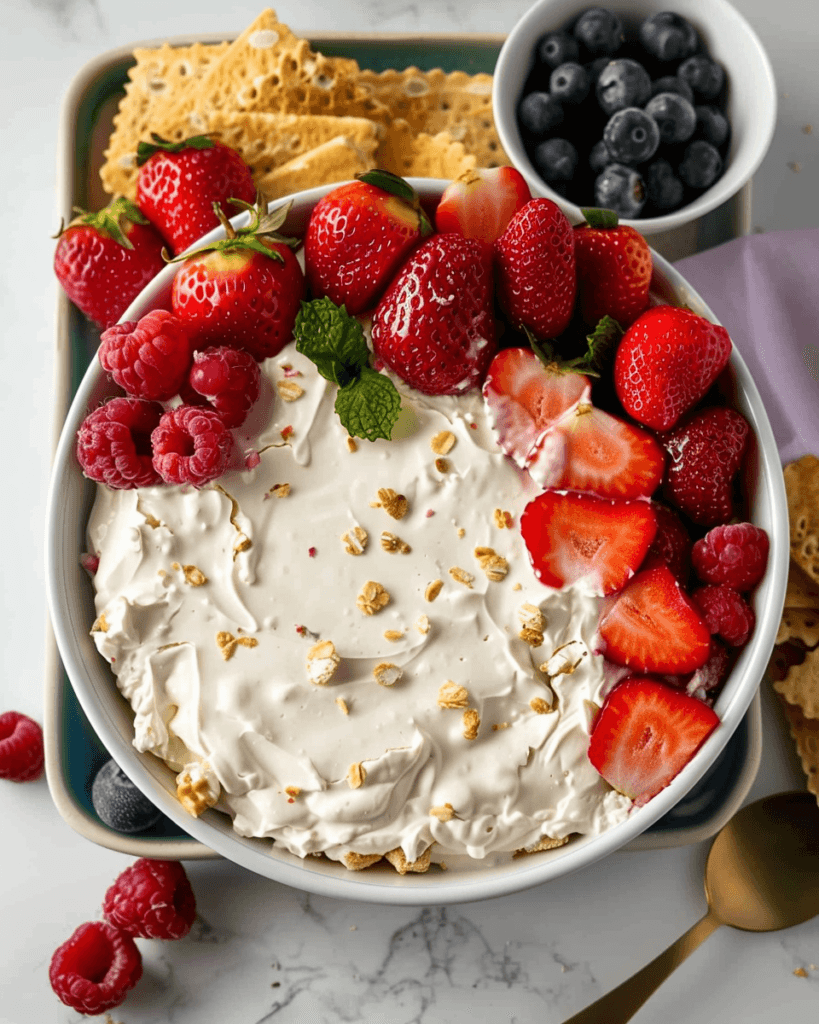 A bowl of Lovely Cream Cheese Fruit Dip, topped with fresh strawberries, raspberries, and granola, served with crackers and blueberries on the side.