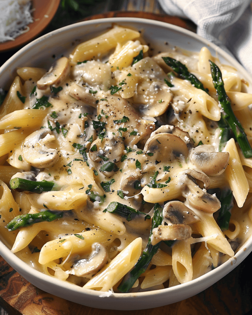 A bowl of Lovely Creamy Mushroom and Asparagus Chicken Penne, featuring tender chicken, sautéed mushrooms, and asparagus in a rich garlic parmesan cream sauce.