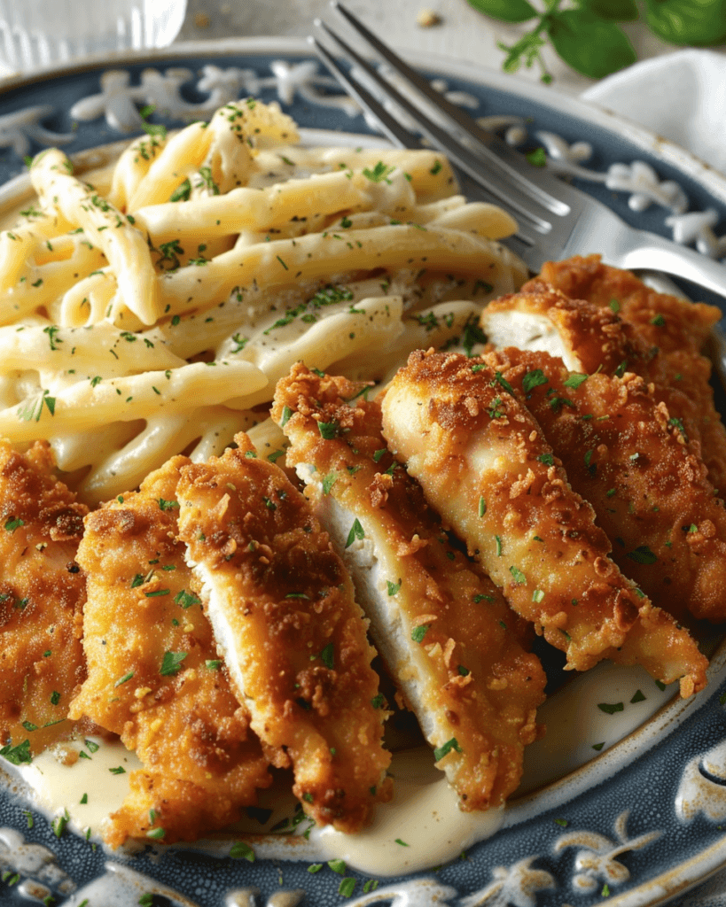 Lovely Crispy Chicken with Creamy Pasta, featuring golden-brown breaded chicken slices over rich, cheesy penne pasta, garnished with fresh herbs.