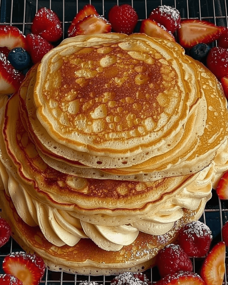 A stack of golden fluffy pancakes layered with whipped cream, surrounded by fresh strawberries and blueberries dusted with powdered sugar.