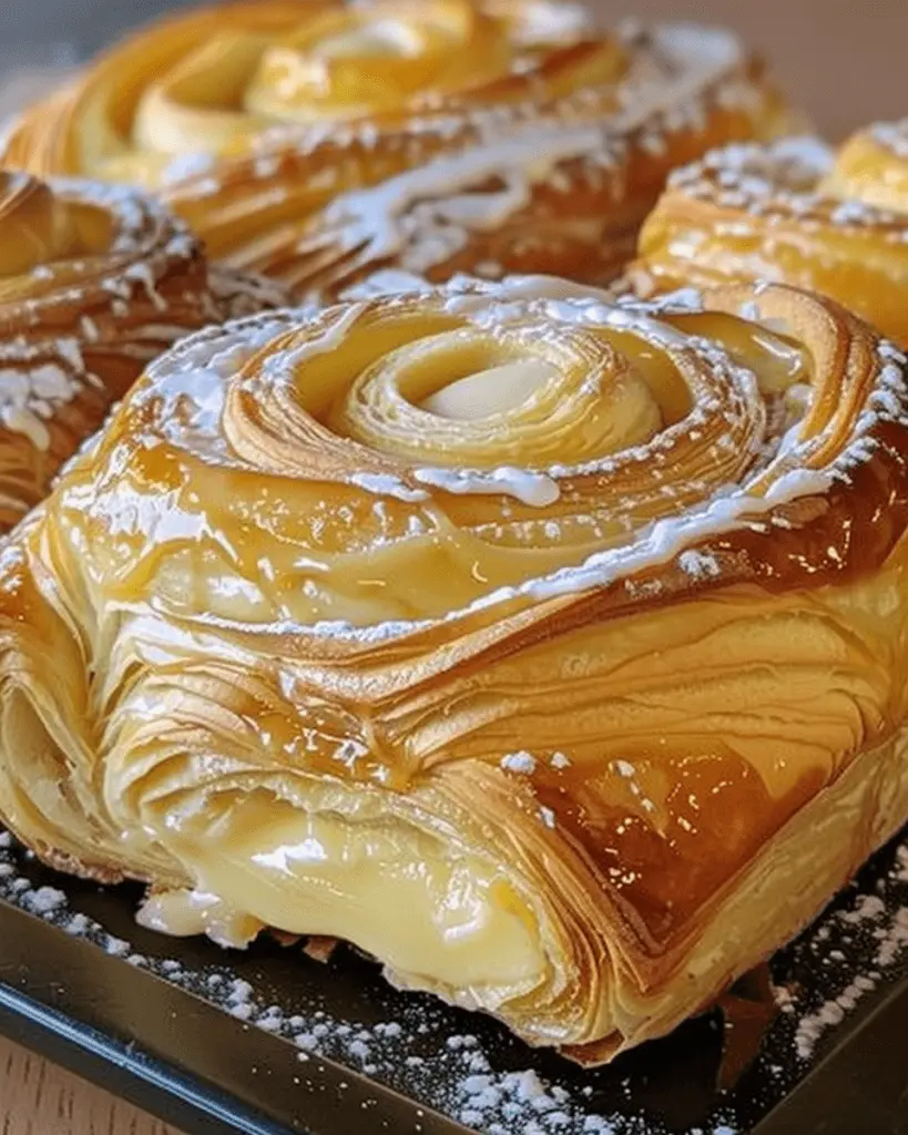 A close-up of golden, flaky King's Hawaiian Cheesecake Danish pastries filled with rich, creamy cheesecake and drizzled with icing, dusted with powdered sugar.