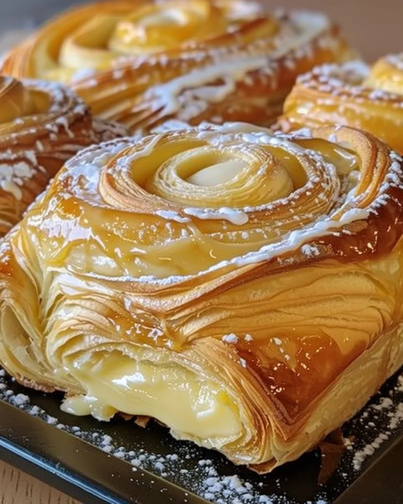A close-up of golden, flaky King's Hawaiian Cheesecake Danish pastries filled with rich, creamy cheesecake and drizzled with icing, dusted with powdered sugar.