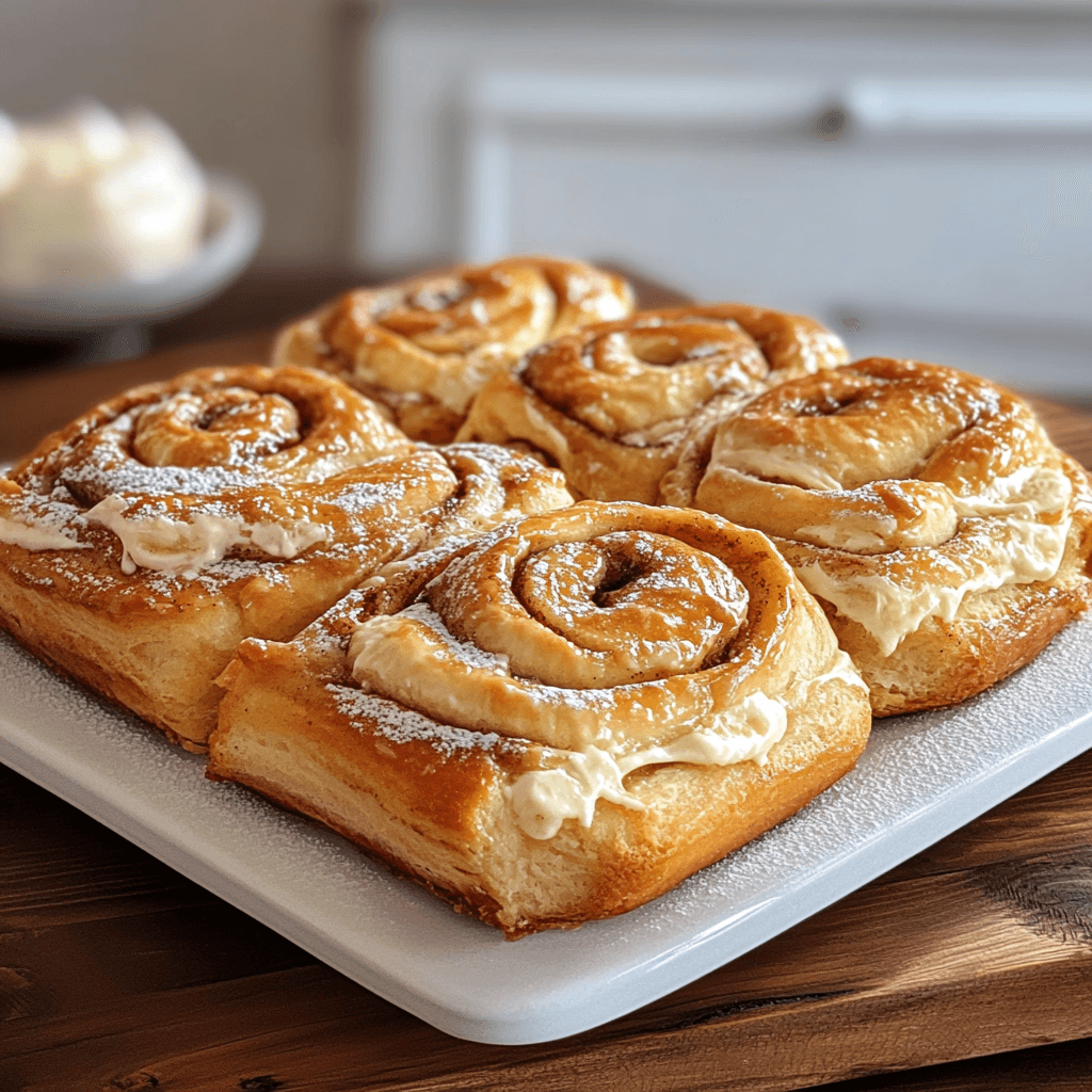 Freshly baked King’s Hawaiian Cream Cheese Cinnamon Rolls with a golden-brown crust, filled with creamy cheese and dusted with powdered sugar.