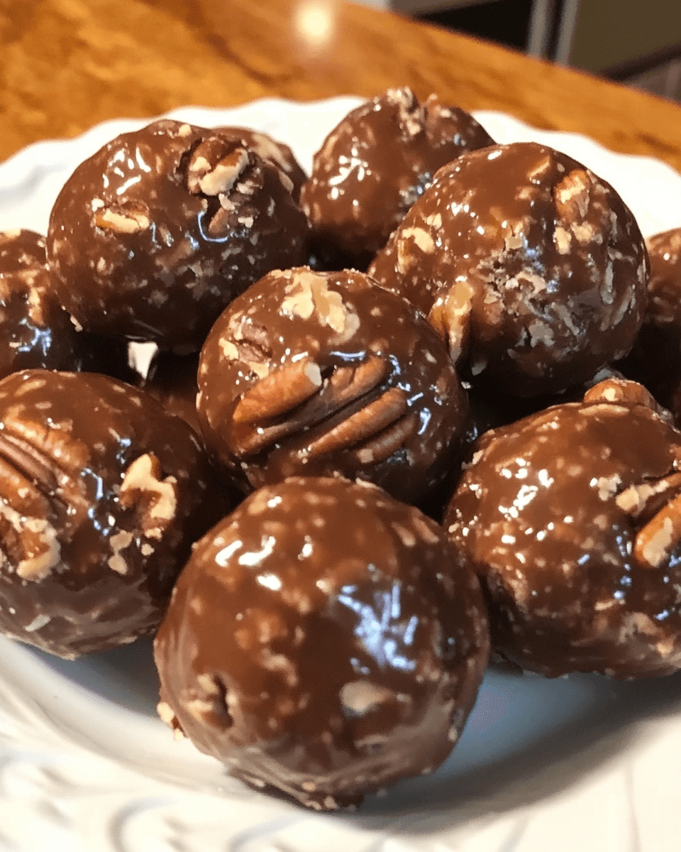 A plate of No-Bake Pecan Pie Balls coated in rich, glossy chocolate and sprinkled with crunchy pecan pieces, served on a white dish.