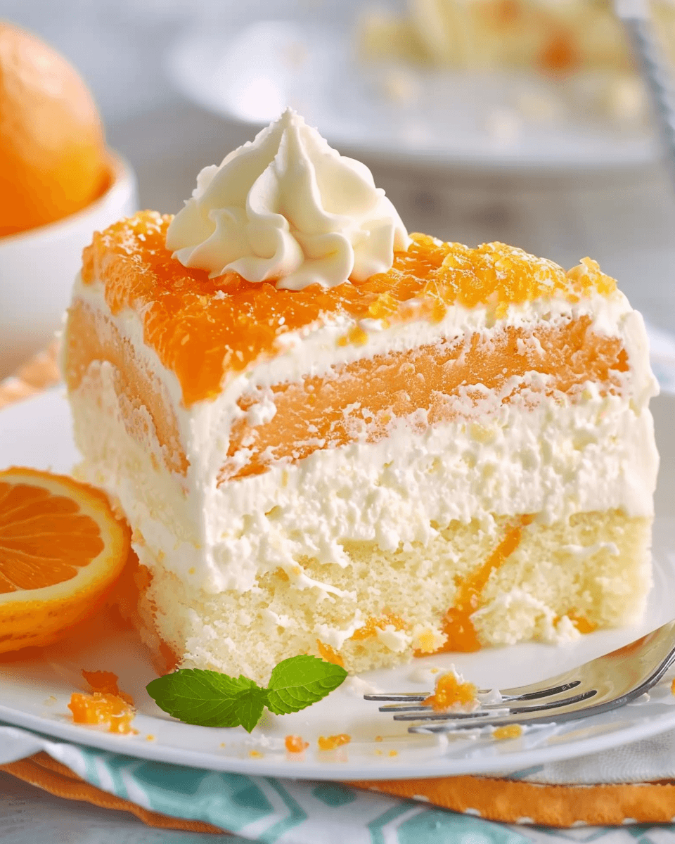 A slice of lovely Orange Creamsicle Cake with layers of fluffy vanilla cake, creamy frosting, and vibrant orange topping, garnished with whipped cream.