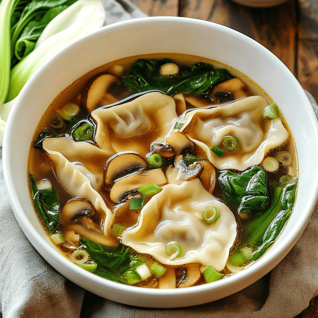 A bowl of wonton soup with dumplings, mushrooms, bok choy, and green onions in a flavorful broth.