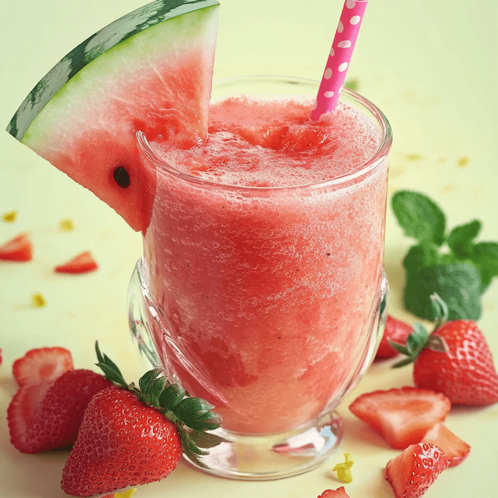 A refreshing watermelon strawberry smoothie in a glass, garnished with a watermelon slice and surrounded by fresh strawberries and mint leaves.