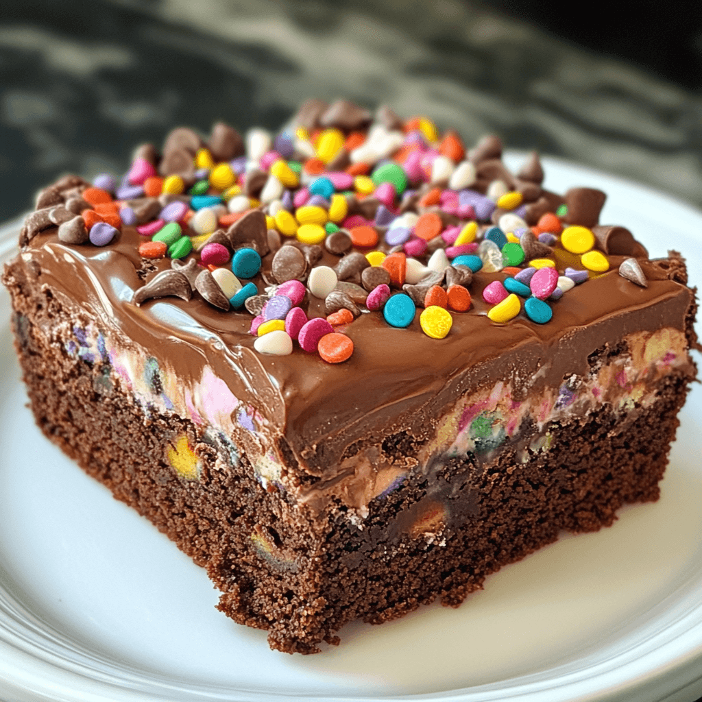 A rich chocolate brownie topped with creamy frosting, colorful sprinkles, and chocolate chips, served on a white plate.