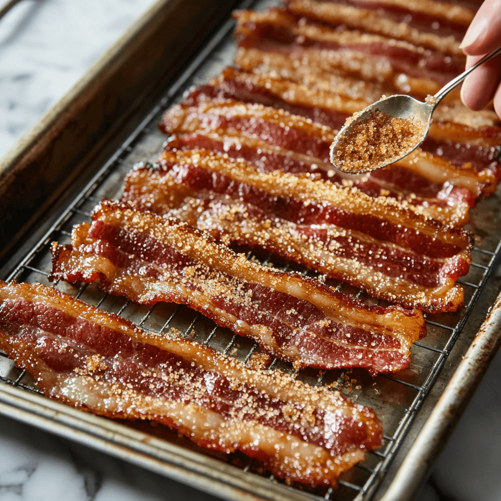 Crispy bacon slices being sprinkled with brown sugar on a baking rack.