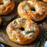 Golden Mozzarella-Stuffed Rosemary Parmesan Soft Pretzels topped with rosemary, Parmesan cheese, and sea salt on a baking sheet.
