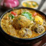 A bowl of Mughlai Anda Masala featuring boiled eggs simmered in a rich, creamy, spiced gravy garnished with fresh coriander leaves.