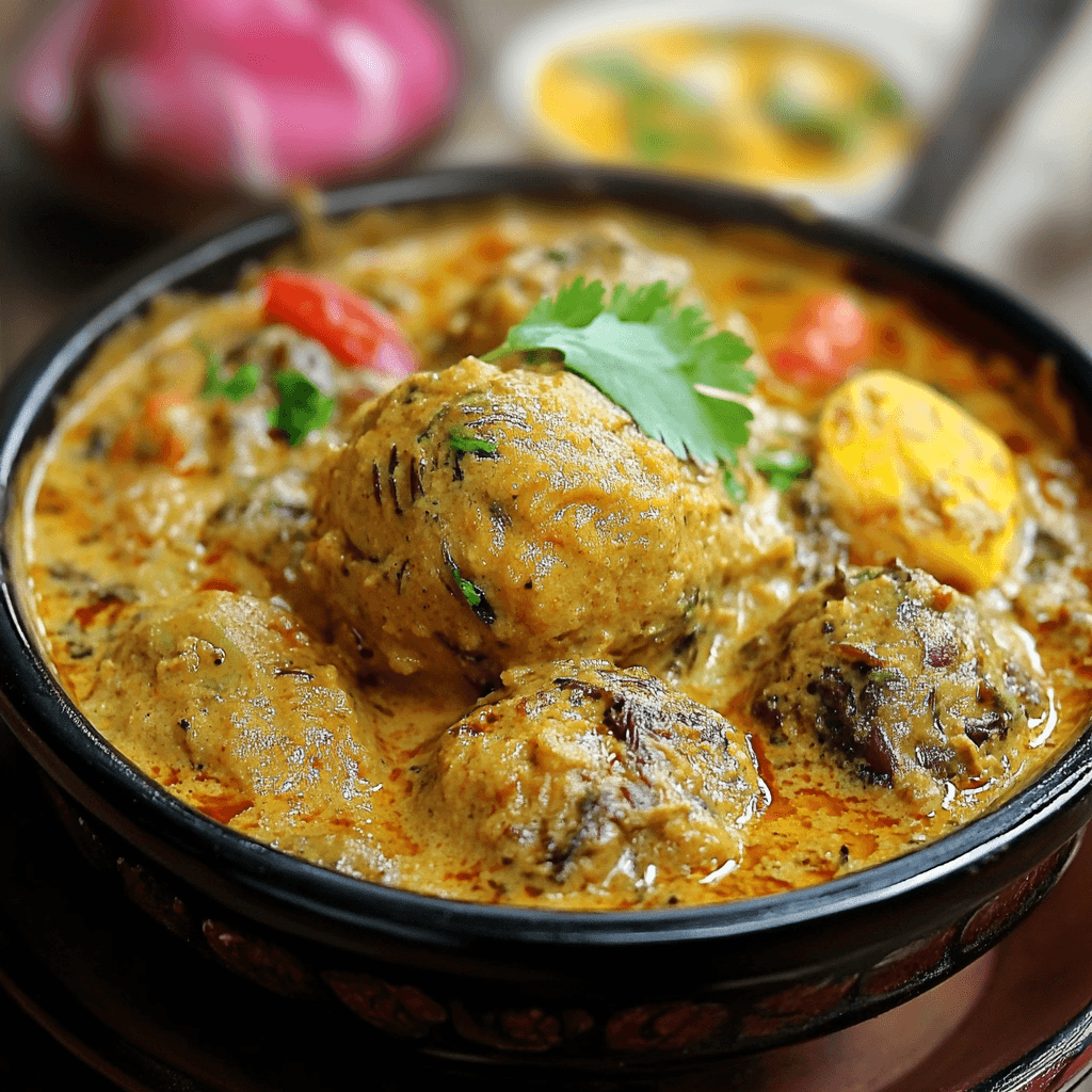 A bowl of Mughlai Anda Masala featuring boiled eggs simmered in a rich, creamy, spiced gravy garnished with fresh coriander leaves.