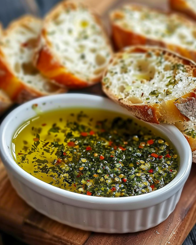 A bowl of Olive Oil Dip with herbs and spices, served alongside slices of warm, crusty bread.