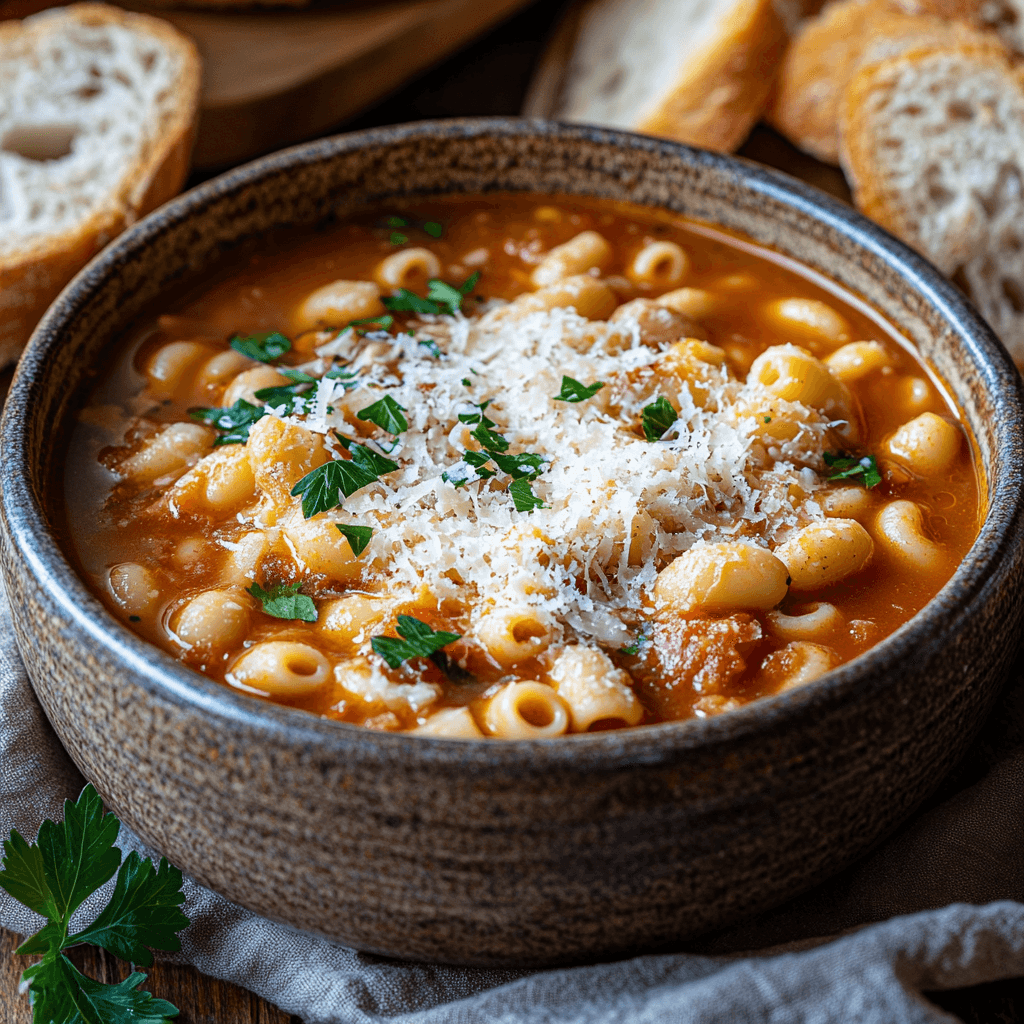 A rustic bowl of Pasta e Fagioli soup with ditalini pasta, beans, and tomato broth, garnished with fresh parsley and grated Parmesan cheese