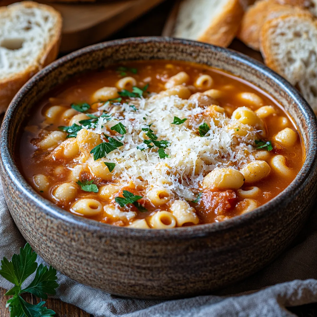 A rustic bowl of Pasta e Fagioli soup with ditalini pasta, beans, and tomato broth, garnished with fresh parsley and grated Parmesan cheese