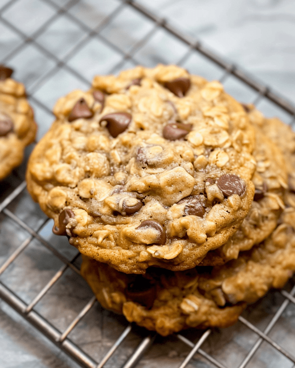 Close-up of peanut butter oatmeal chocolate chip cookies stacked on a cooling rack, showcasing their chewy texture and chocolate chips.