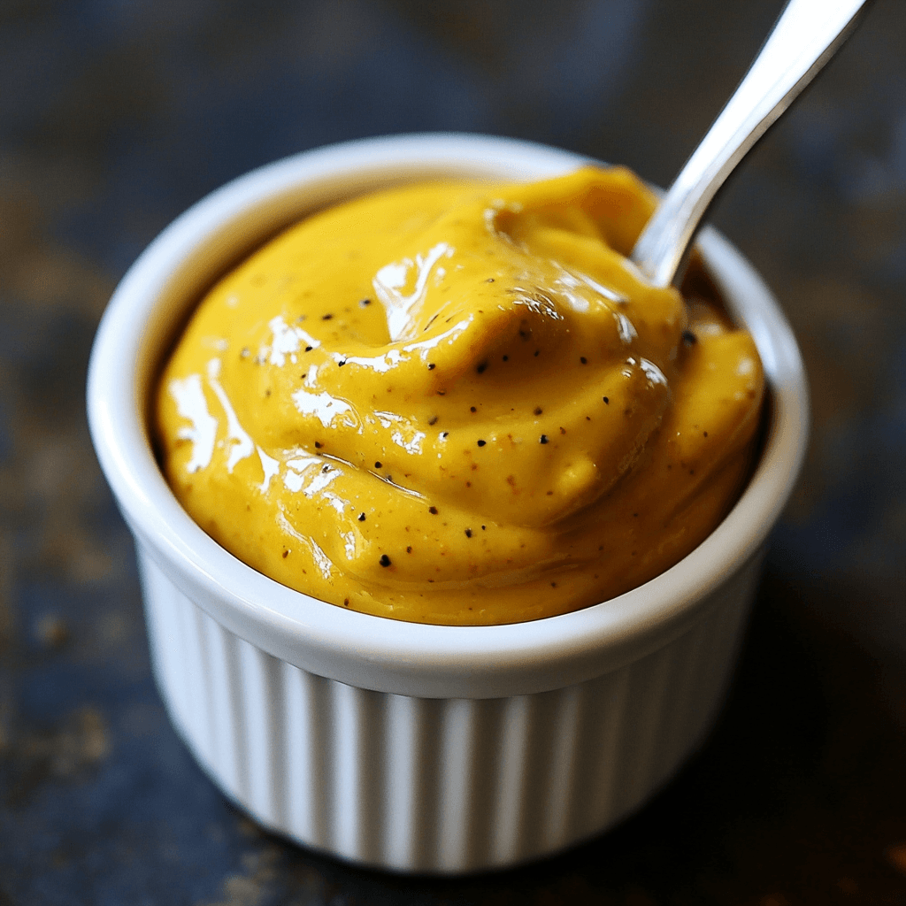 A creamy, golden honey mustard sauce with flecks of seasoning, served in a white ramekin with a spoon.