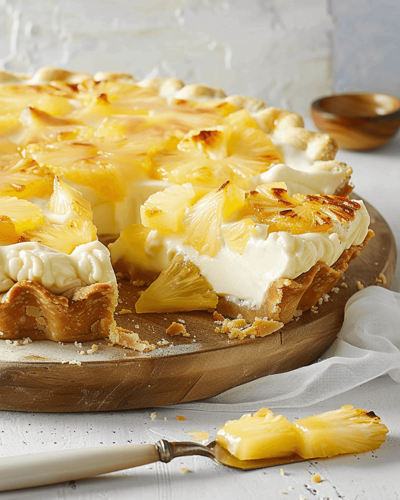 Pineapple Cream Cheese Pie with a flaky crust, creamy filling, and caramelized pineapple topping, served on a wooden board.