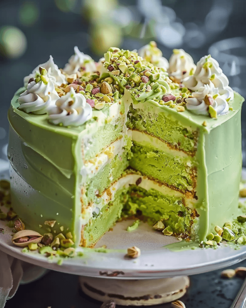 A layered Pistachio Cream Cake topped with whipped cream and crushed pistachios on a cake stand.