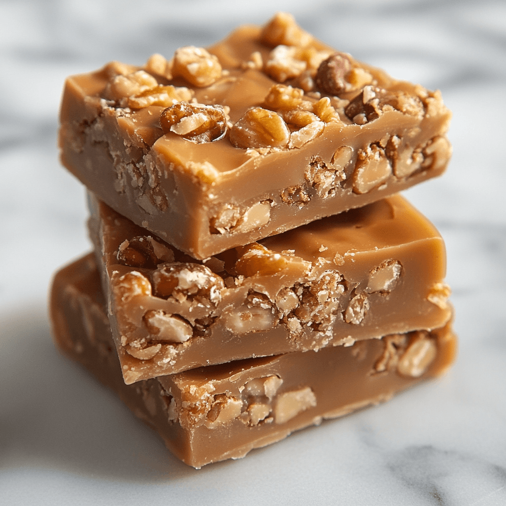 A stack of three squares of praline crunch featuring a golden caramel base mixed with crunchy nuts and oats, placed on a marble surface.