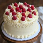 A beautifully decorated raspberry cake topped with fresh raspberries, lemon slices, and delicate white frosting details, sitting on a wooden cake stand.
