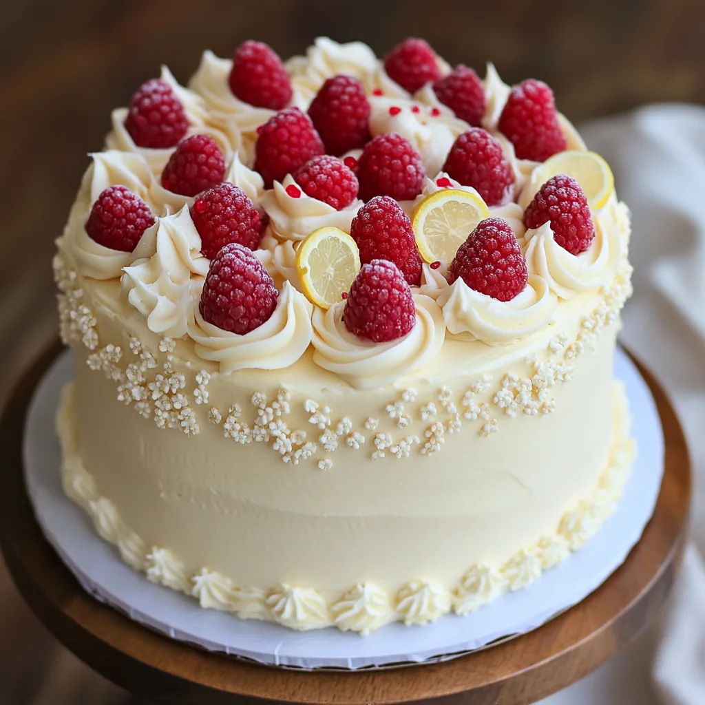 A beautifully decorated raspberry cake topped with fresh raspberries, lemon slices, and delicate white frosting details, sitting on a wooden cake stand.