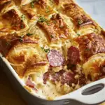 A freshly baked Reuben Crescent Bake with golden, flaky crescent roll dough, melted cheese, corned beef, and sauerkraut in a creamy sauce.