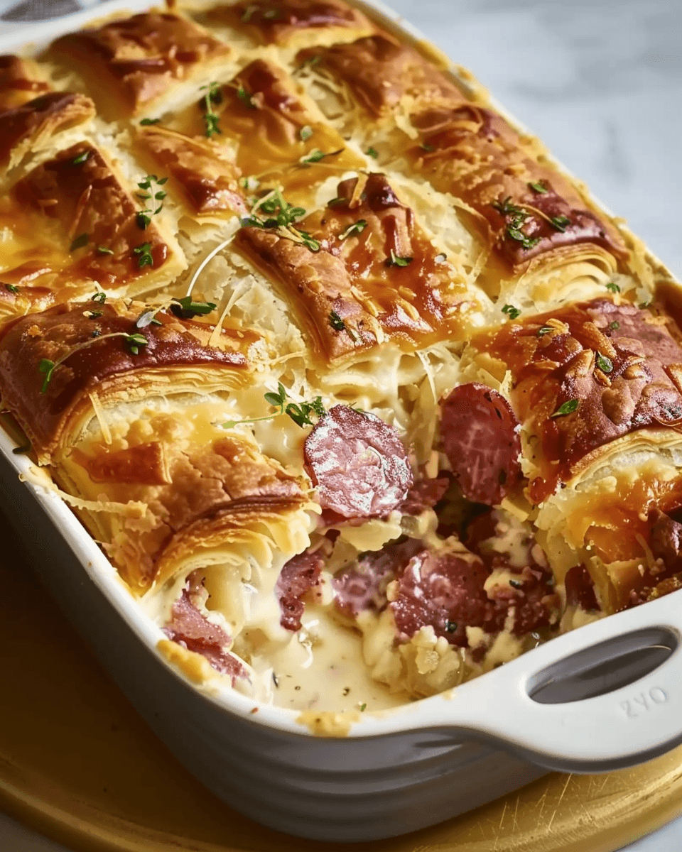 A freshly baked Reuben Crescent Bake with golden, flaky crescent roll dough, melted cheese, corned beef, and sauerkraut in a creamy sauce.