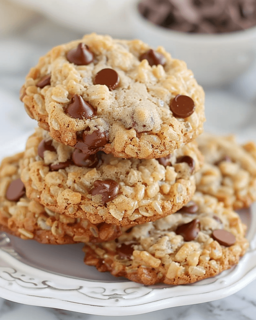 A stack of golden, crispy Rice Krispie Chocolate Chip Cookies loaded with chocolate chips and crunchy cereal on a white plate.
