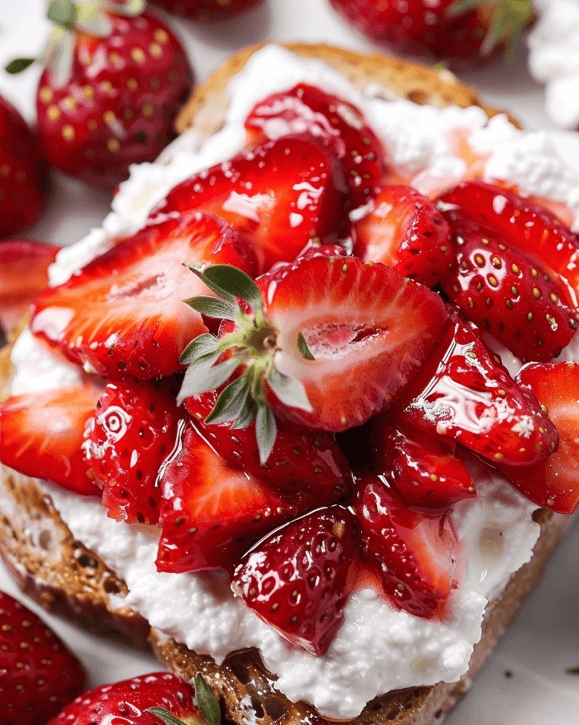 Roasted strawberry whipped ricotta toast topped with vibrant, glossy strawberries on a slice of crusty bread.