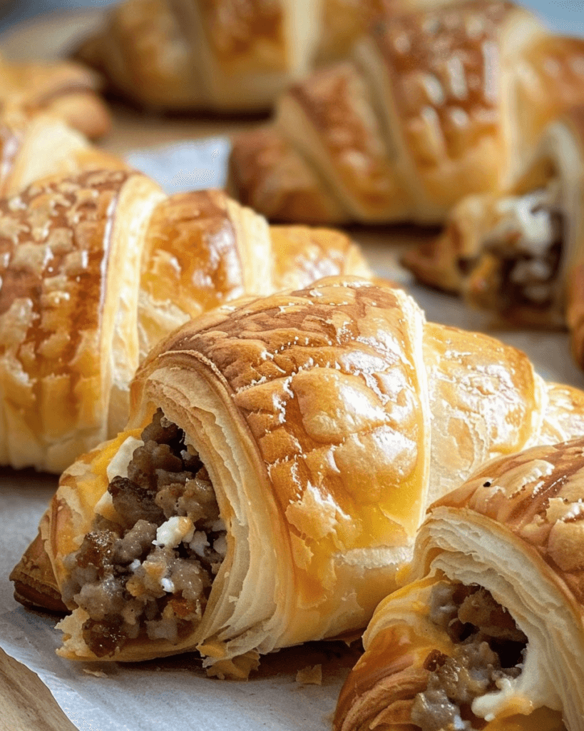 Golden, flaky crescent rolls filled with savory sausage and cream cheese on a parchment-lined surface.