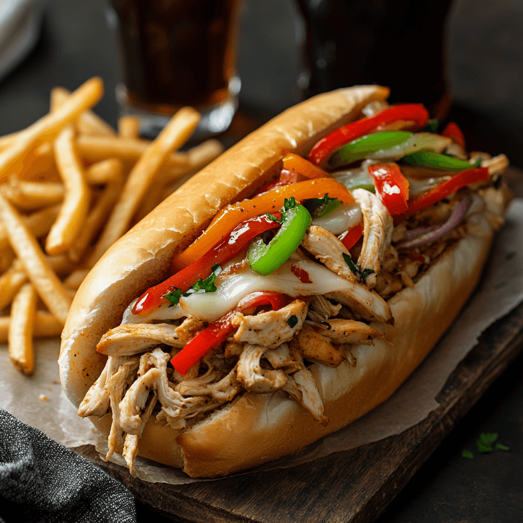 A slow cooker chicken Philly sandwich loaded with shredded chicken, colorful peppers, onions, and melted provolone, served with fries.